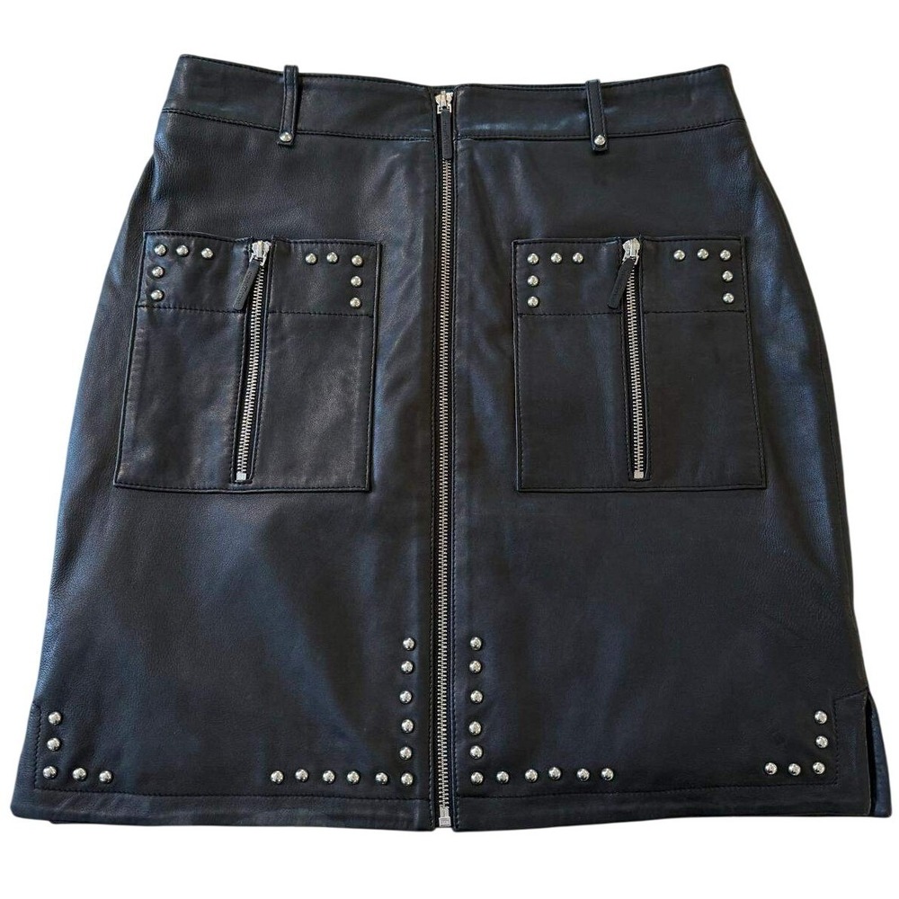 Karl Lagerfeld Paris Black Leather‎ Studded Mini Skirt Front Zip Womens Large